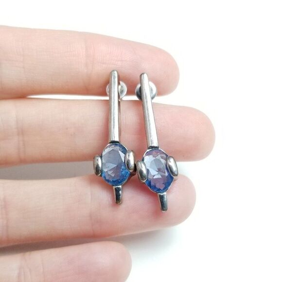 Vintage Blue Rhinestone Silver Tone Stud Drop Earrings, Minimal Design - Picture 6 of 6